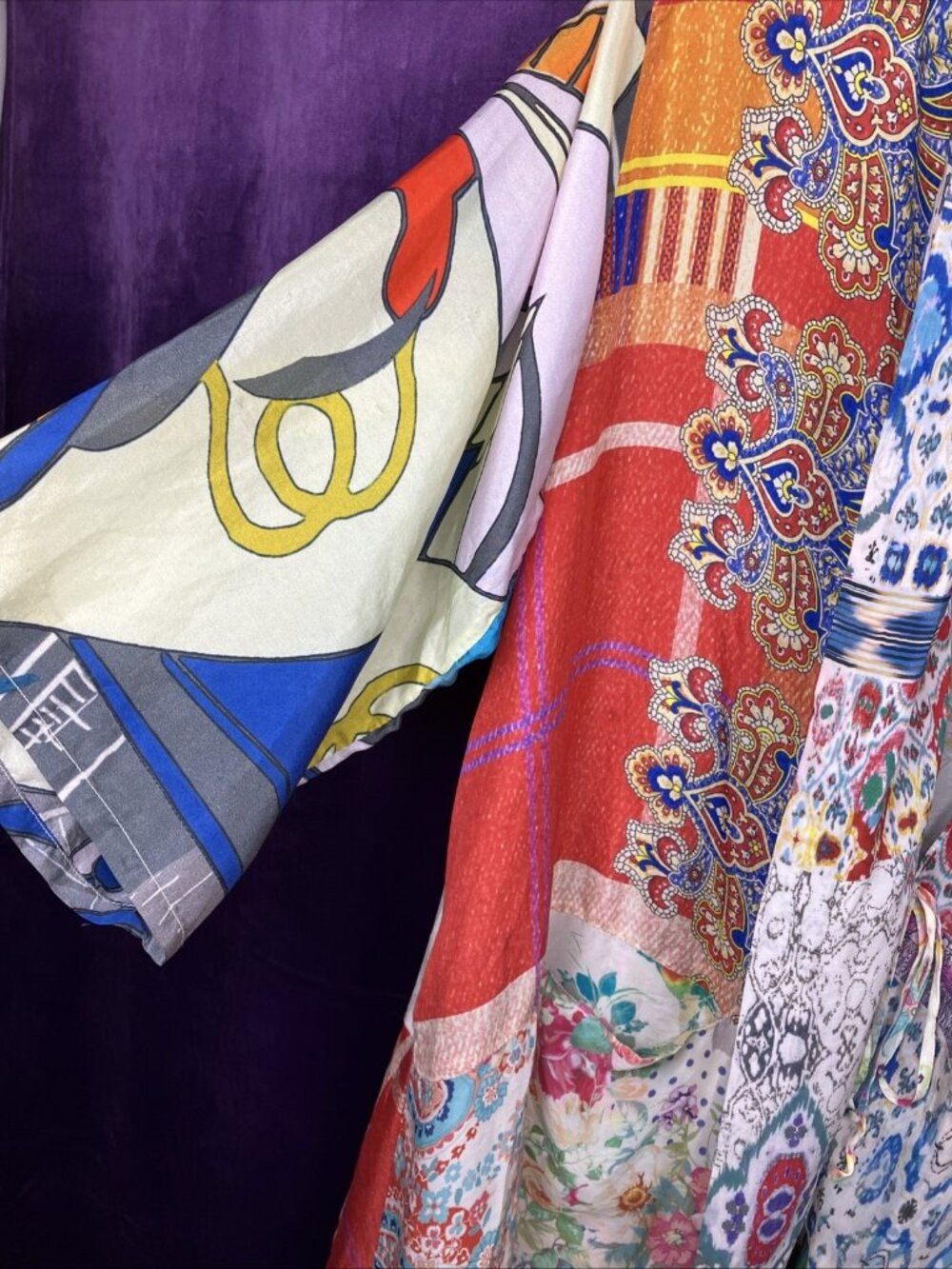 M Johnny Was Otti Tia 2 Pockets Silk Tie Front Kimono Lagenlook Patchwork - Picture 3 of 6